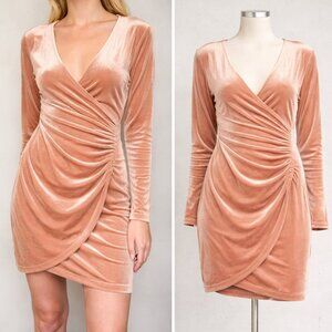 Le Chateau Champagne Crushed Velvet Wrap-Style Dress Bodycon Cocktail Velour XS